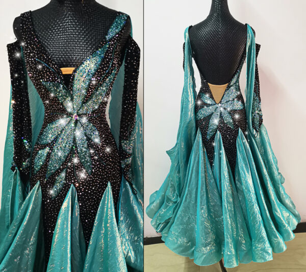 Black and shiny green ballroom and smooth dance dress, with or without floats - Image 2