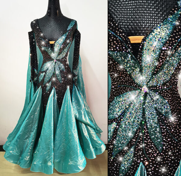 Black and shiny green ballroom and smooth dance dress, with or without floats