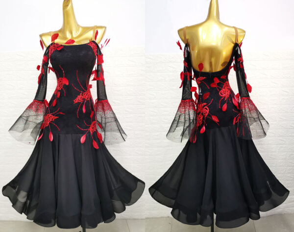 Black ballroom and smooth dance dress with red feathers and bell sleeves - Image 4