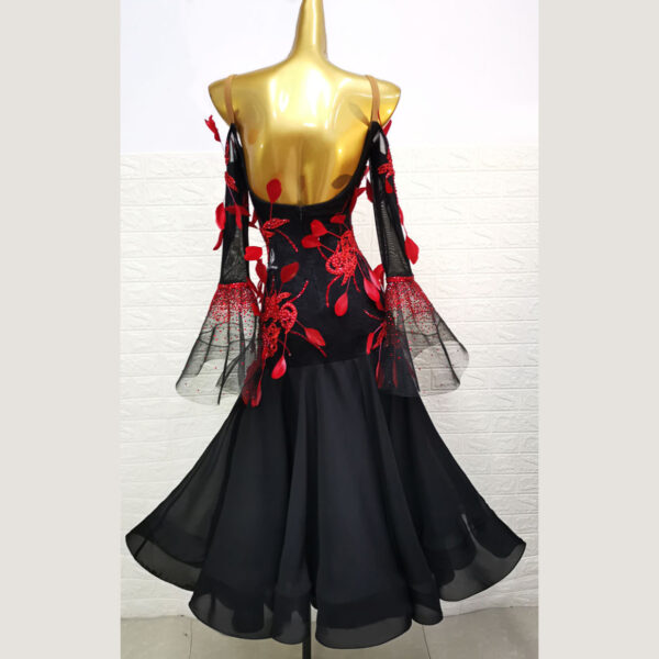 Black ballroom and smooth dance dress with red feathers and bell sleeves - Image 2