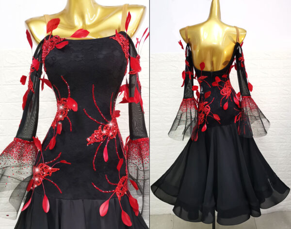 Black ballroom and smooth dance dress with red feathers and bell sleeves - Image 3