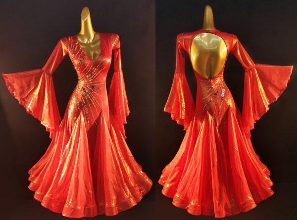 Shiny red ballroom and smooth dance dress with bell sleeves - Image 3