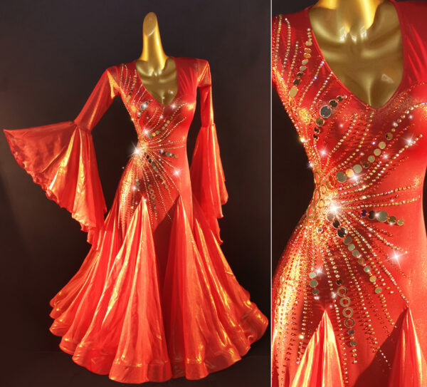 Shiny red ballroom and smooth dance dress with bell sleeves - Image 2