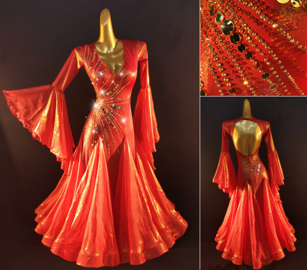 Shiny red ballroom and smooth dance dress with bell sleeves