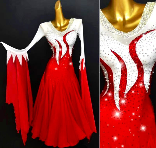 White and red fiery ballroom and smooth dance dress, with or without floats