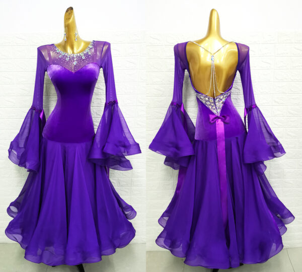 Purple velvet ballroom and smooth dance dress with bell sleeves