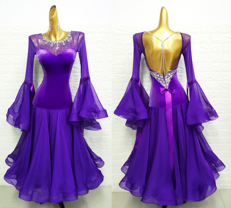 B0005 purple velvet ballroom dance dress