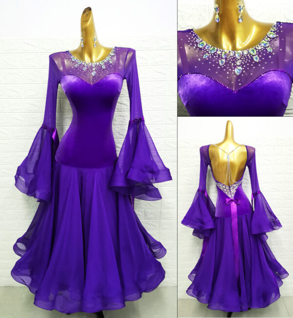 Purple velvet ballroom and smooth dance dress with bell sleeves - Image 3