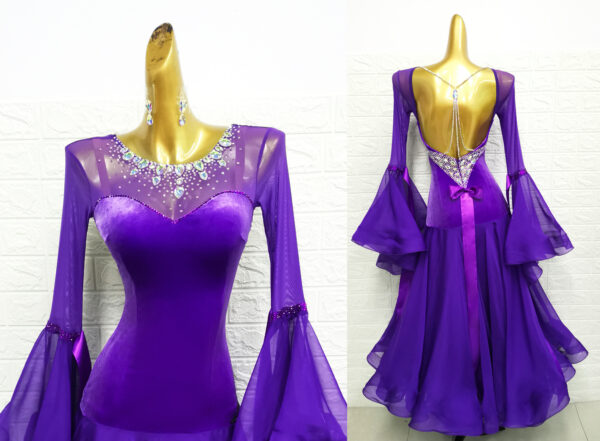 Purple velvet ballroom and smooth dance dress with bell sleeves - Image 2