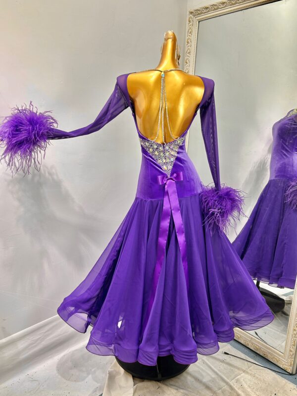 Purple velvet ballroom and smooth dance dress with ostrich feather sleeves - Image 2