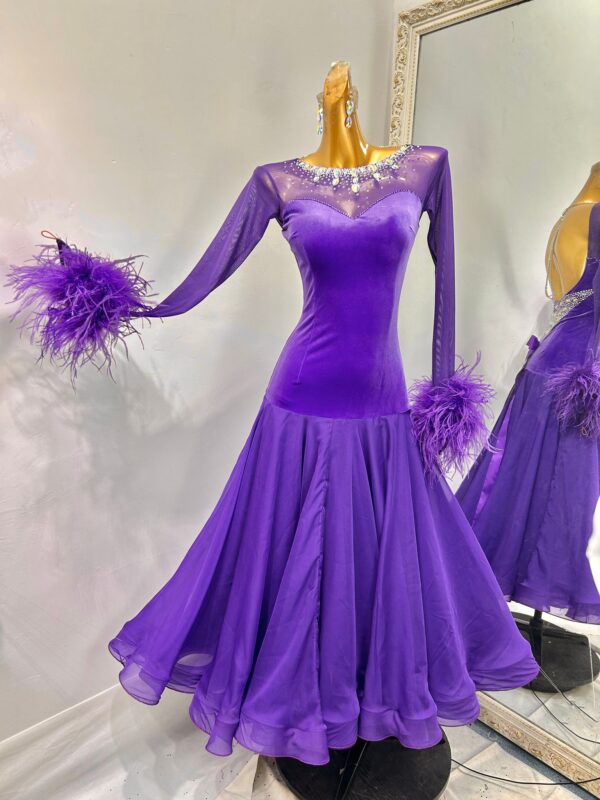 Purple velvet ballroom and smooth dance dress with ostrich feather sleeves