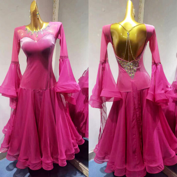 Pink velvet ballroom and smooth dance dress with bell sleeves - Image 4