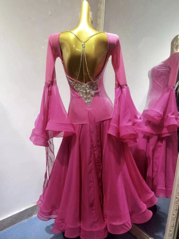 Pink velvet ballroom and smooth dance dress with bell sleeves - Image 2