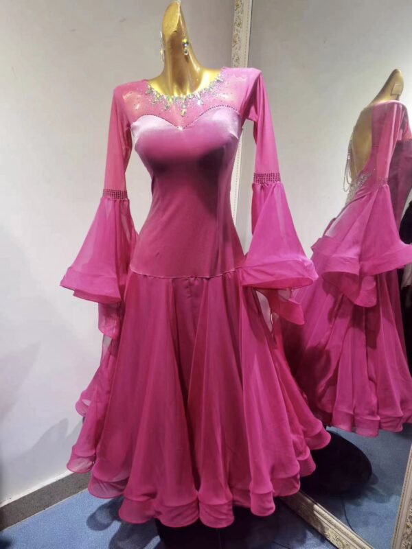 Pink velvet ballroom and smooth dance dress with bell sleeves