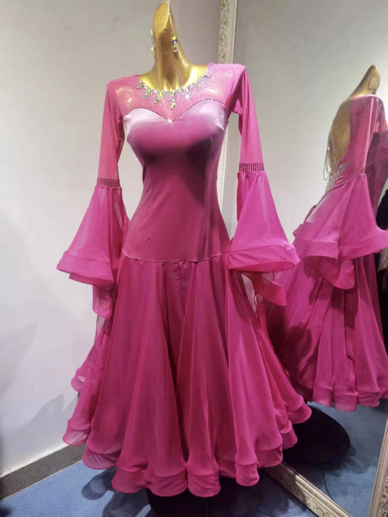 B0005B-front pink velvet ballroom dance dress