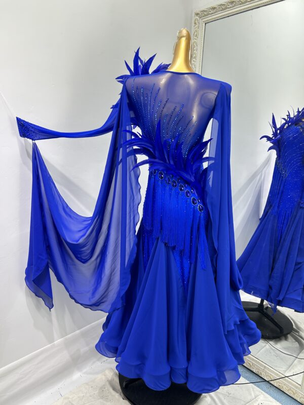 Royal blue ballroom and smooth dance dress with feathers - Image 2