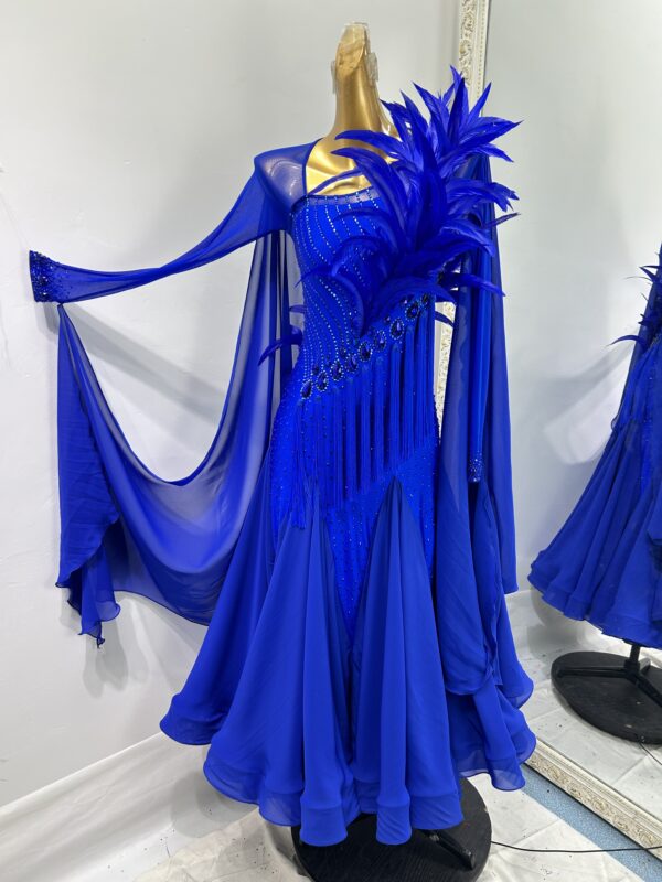 Royal blue ballroom and smooth dance dress with feathers