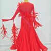 Red ballroom and smooth dance dress with feathers - Image 2
