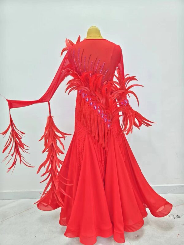 Red ballroom and smooth dance dress with feathers - Image 2