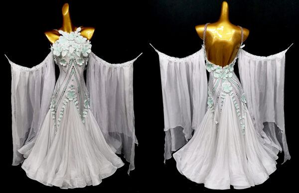 White ballroom and smooth dance dress with or without floats, and flowers - Image 2