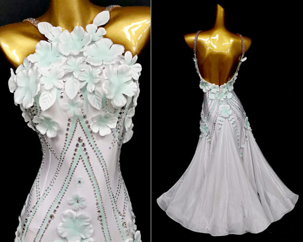 White ballroom and smooth dance dress with or without floats, and flowers - Image 4