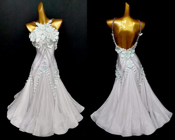 White ballroom and smooth dance dress with or without floats, and flowers