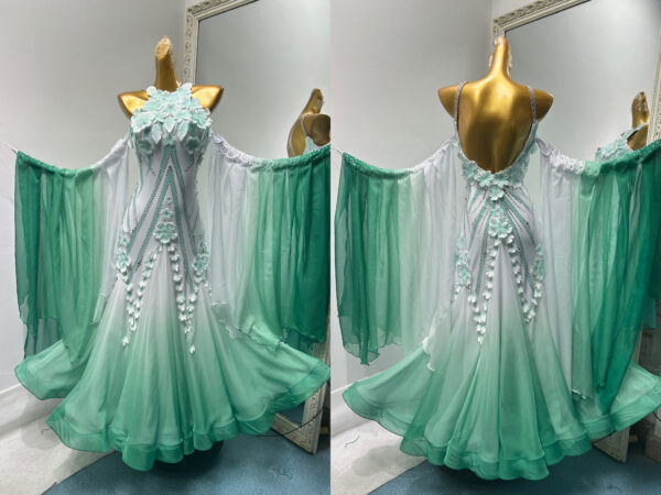 Ombre white and green ballroom and smooth dance dress with or without floats, and flowers - Image 3