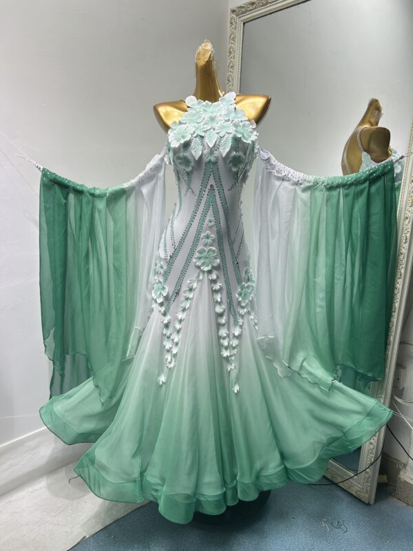 Ombre white and green ballroom and smooth dance dress with or without floats, and flowers