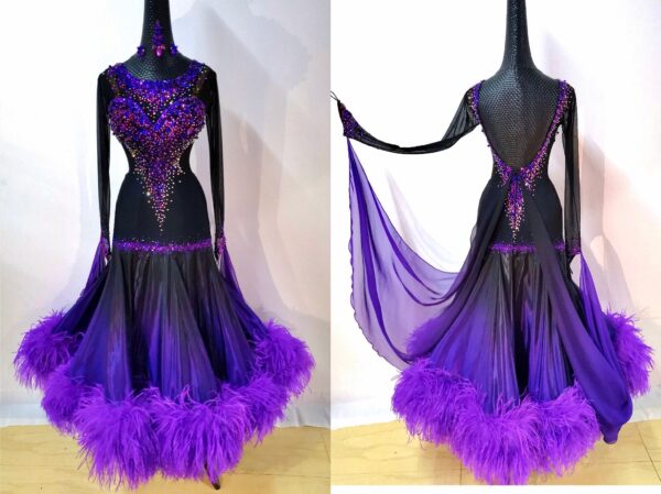 Purple ballroom and smooth dance dress with ostrich feathers, with or without floats - Image 4