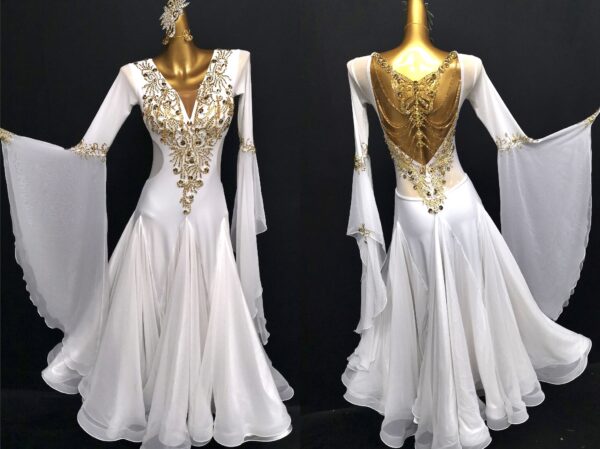 White ballroom and smooth dance dress with butterfly details on back and bell sleeves, with or without floats - Image 5