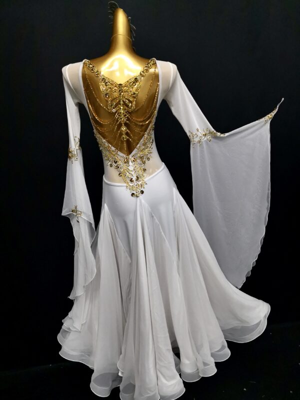 White ballroom and smooth dance dress with butterfly details on back and bell sleeves, with or without floats - Image 2