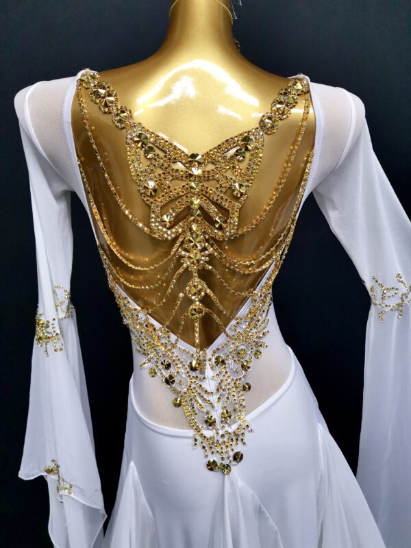 White ballroom and smooth dance dress with butterfly details on back and bell sleeves, with or without floats - Image 3