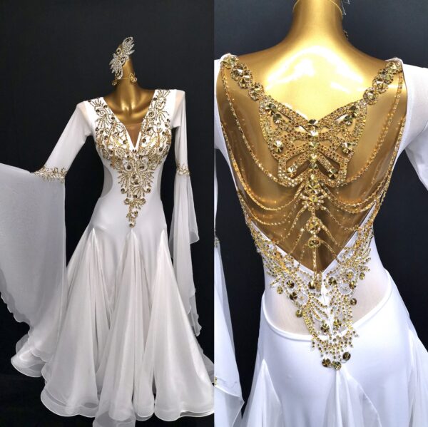 White ballroom and smooth dance dress with butterfly details on back and bell sleeves, with or without floats - Image 4