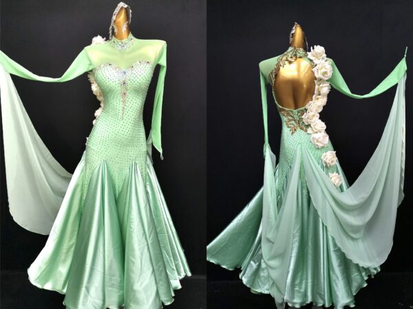 Mint green ballroom and smooth dance dress with flowers, with or without floats - Image 3