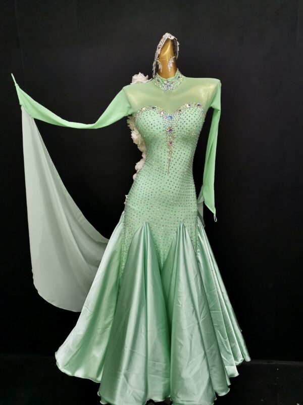 Mint green ballroom and smooth dance dress with flowers, with or without floats