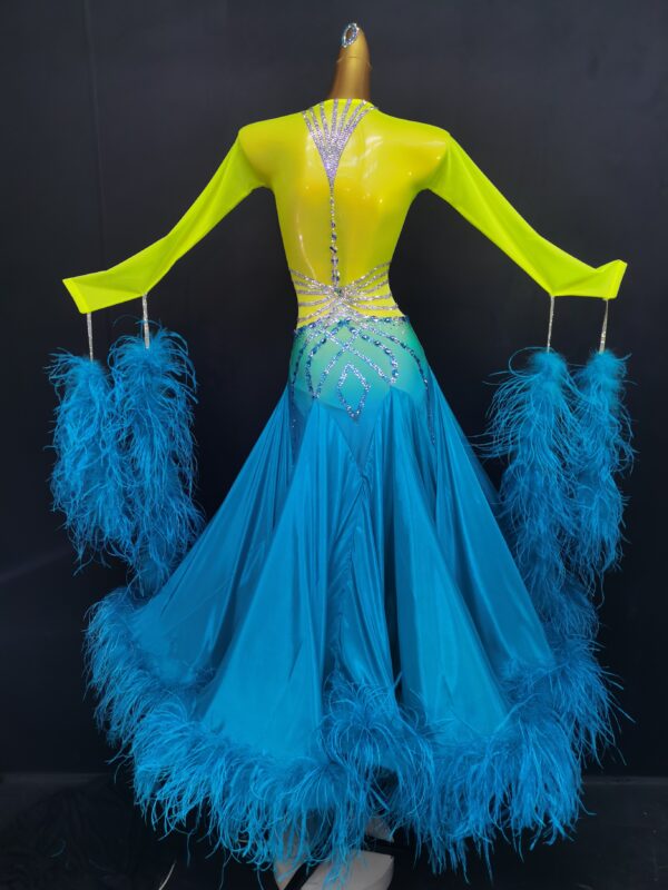 Ombre yellow and blue ballroom and smooth dance dress with ostrich feathers, with or without floats - Image 3