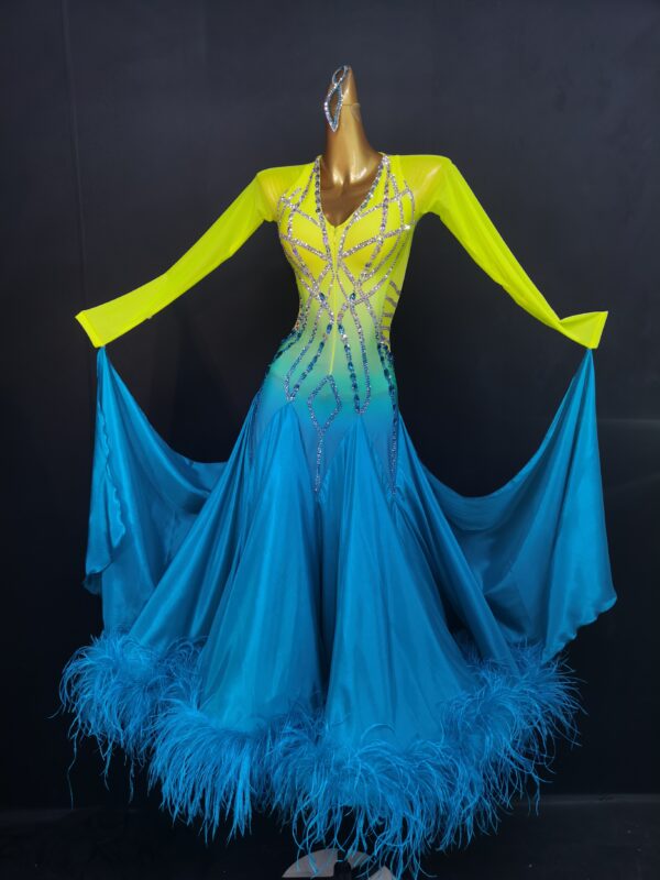 Ombre yellow and blue ballroom and smooth dance dress with ostrich feathers, with or without floats