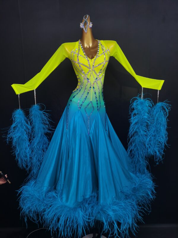 Ombre yellow and blue ballroom and smooth dance dress with ostrich feathers, with or without floats - Image 2