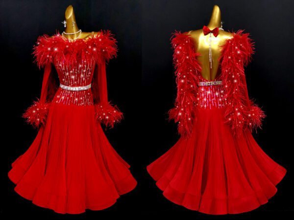 Red ballroom dance dress with pleated skirt and feathers - Image 3