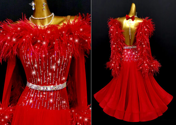 Red ballroom dance dress with pleated skirt and feathers - Image 2