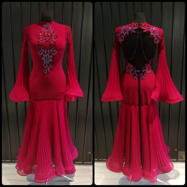 Red ballroom and smooth dance dress with pleated skirt and bell sleeves