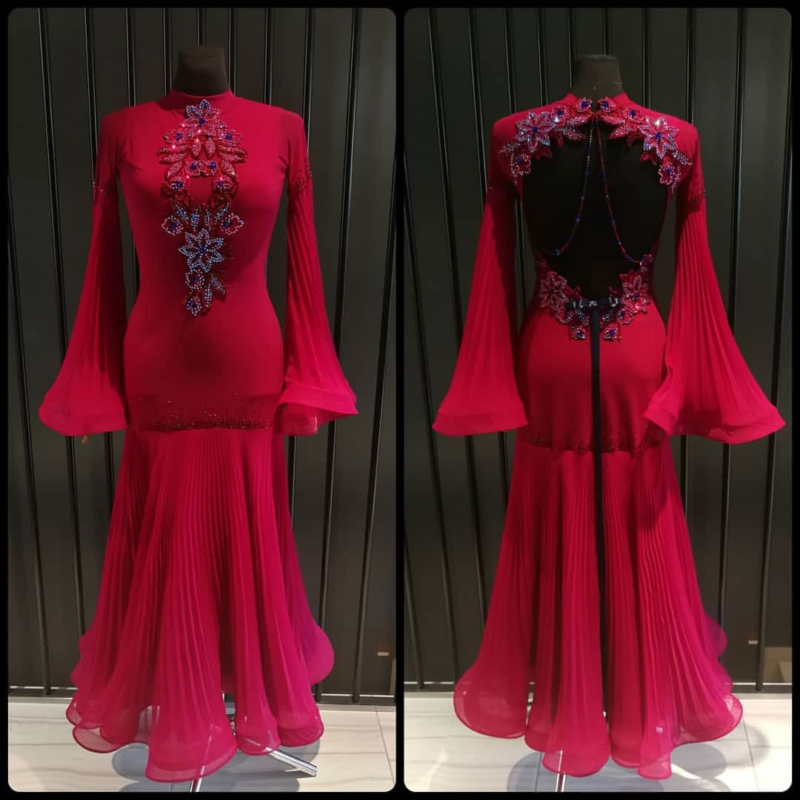 B0021 red ballroom dance dress with bell sleeves
