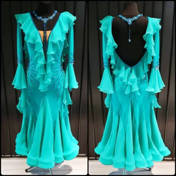 Turquoise ballroom and smooth dance dress with bell sleeves and flared skirt