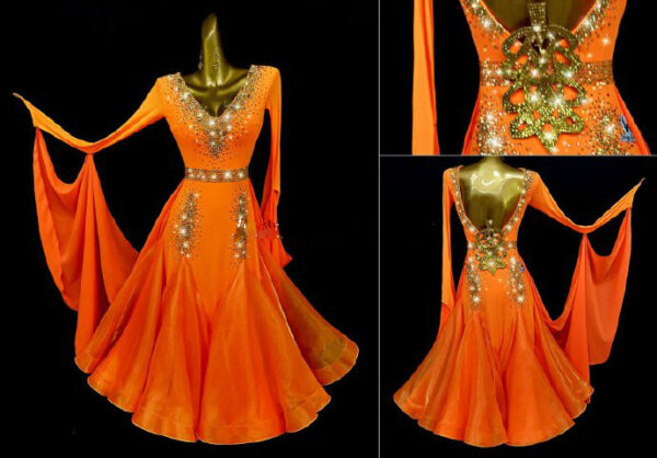 Orange ballroom and smooth dance dress with golden color crystals, with or without floats