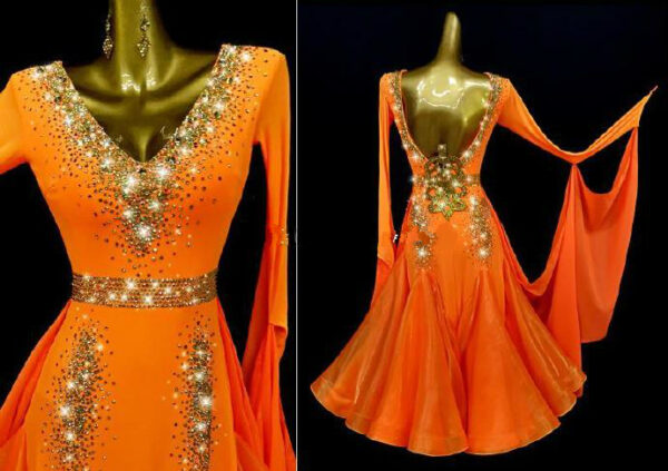 Orange ballroom and smooth dance dress with golden color crystals, with or without floats - Image 2
