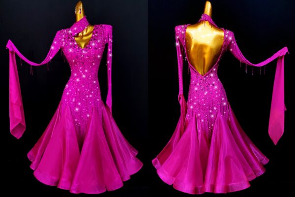 Fuschia pink ballroom and smooth dance dress with neck strap, with or without floats