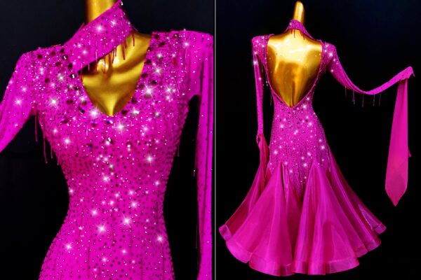 Fuschia pink ballroom and smooth dance dress with neck strap, with or without floats - Image 2