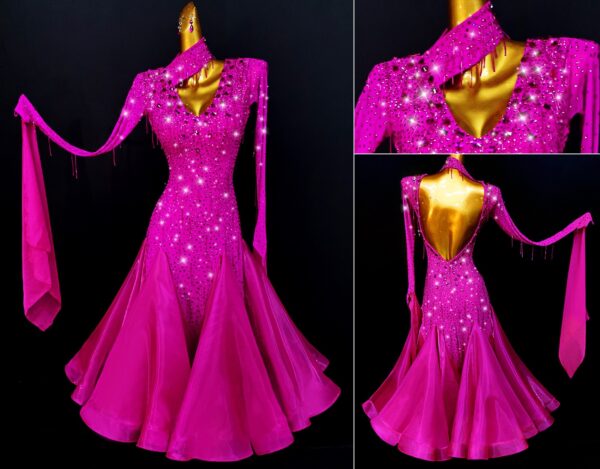 Fuschia pink ballroom and smooth dance dress with neck strap, with or without floats - Image 3