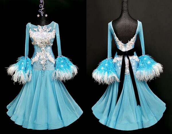 Blue ballroom and smooth dance dress with petals and feathers, with or without floats