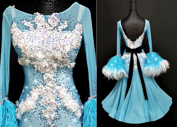 Blue ballroom and smooth dance dress with petals and feathers, with or without floats - Image 2